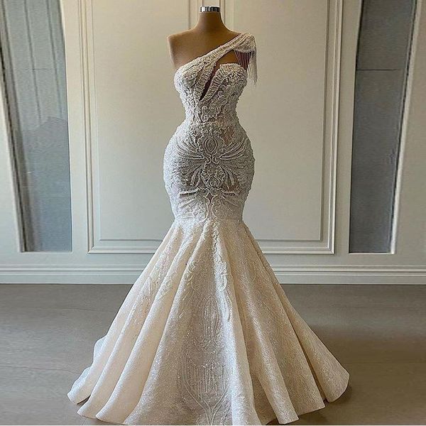 

other wedding dresses 2021 one shoulder mermaid beaded crystal lace applique tassel bridal gown for party vestidos de novia, White
