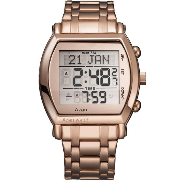 

wristwatches arrival digital led watch muslim prayer montre watches rose gold stainless steel islamic azan wristwatch reloj hombre, Slivery;brown