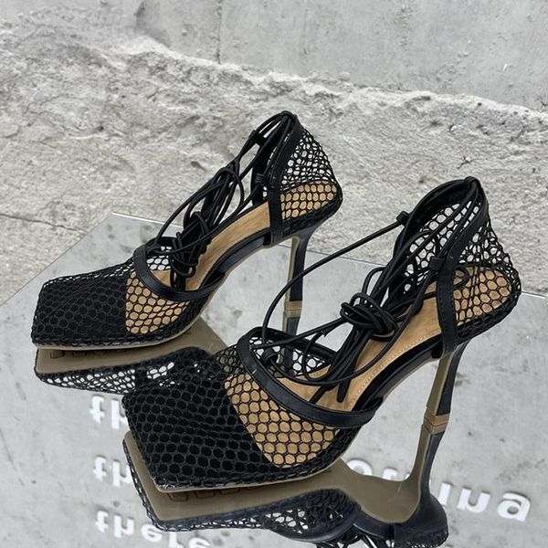 

dress shoes 2021 european and american summer fashion mesh breathable square head high heels thin heel strap women's sandals, Black