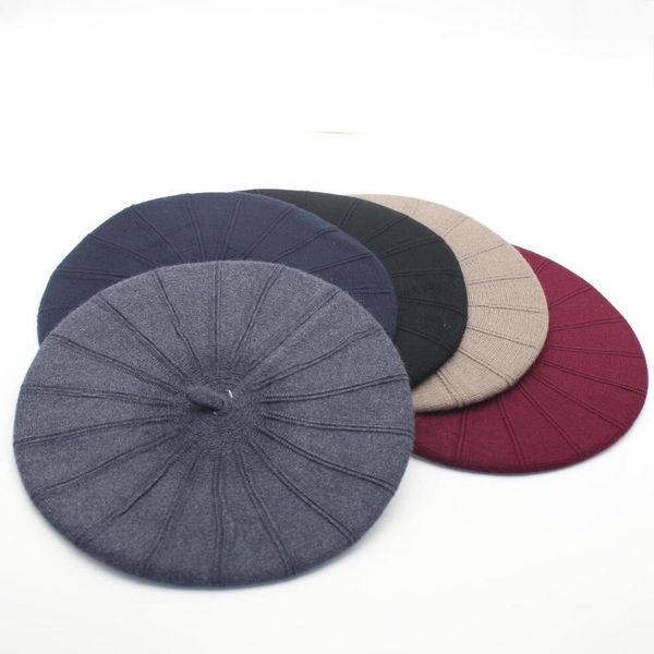 

berets reversible cashmere beret for women girls striped knit beanie solid white red slouchy painter warm winter hat, Blue;gray