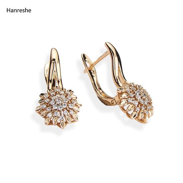 

stud hanreshe beautiful flower earrings female fashion jewelry engagement natural zircon cute gold copper woman gift, Golden;silver