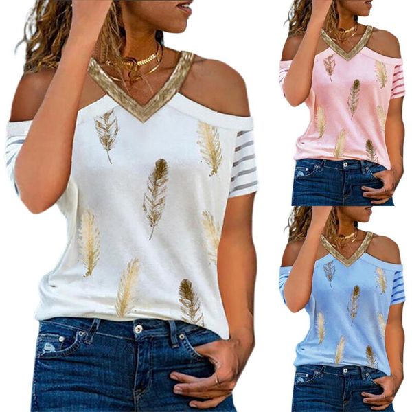 

women's t-shirt summmer 2021 fashion feather print strapless v-neck color contrast holiday casual daily beach leisure style women y2k, White