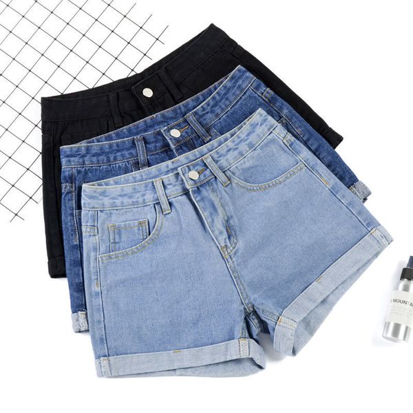 

ailegogo summer women wide leg classic high waist black denim casual female solid color white blue loose jeans shorts, White;black
