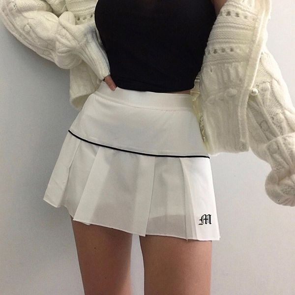 

2021waatfaak high waist tennis skirt pleated embroidery striped a line korean skirts short black harajuku skirt white autumn
