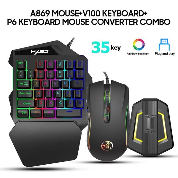 

keyboard mouse combos ergonomic wired gaming set v100 35 keys single-hand game p6 portable keypad converter combo
