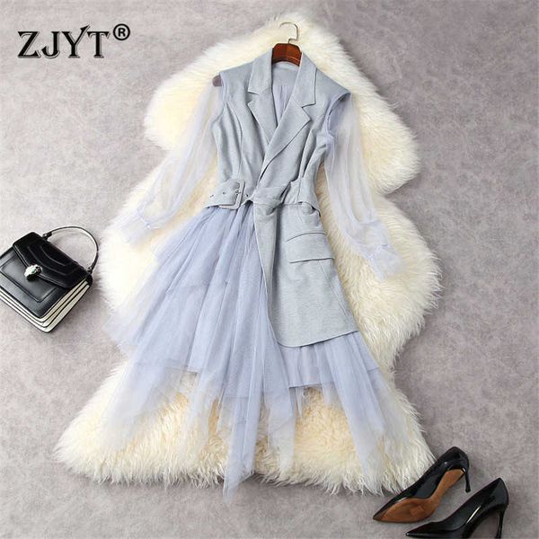 

spring women fashion runway designers notched office blazer dress mesh patchwork irregular robe femme elegant party vestidos 210601, Black;gray