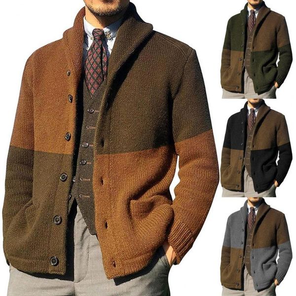 

men's sweaters men coat color block lapel sweater temperament, White;black