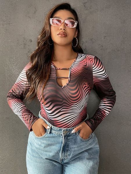

plus graphic print cut out bodysuit u2gb#, Black