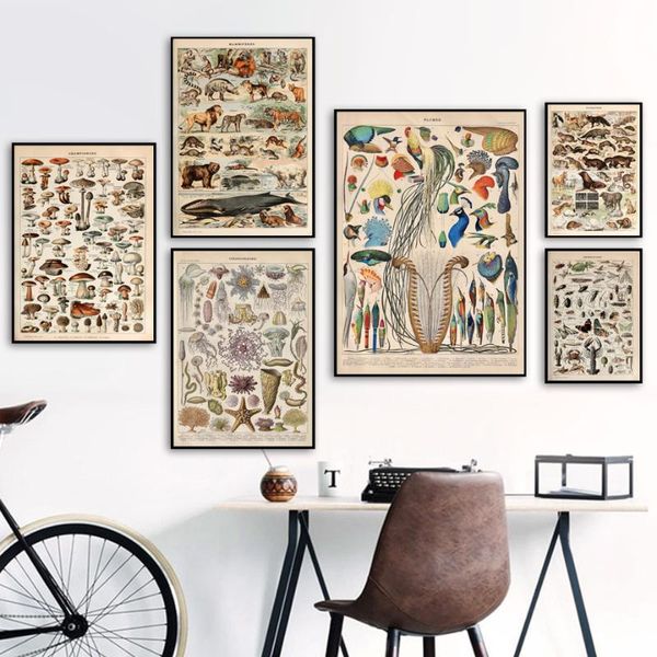 

paintings jungle animals mushroom insect fish peacock nordic posters and prints wall art canvas painting vintage pictures kids room decor