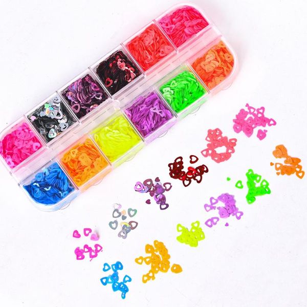 

nail glitter 12 grid hollow love heart sequins 1box 3d colorful holographic laser rivet art decoration manicure accessories jk#5, Silver;gold