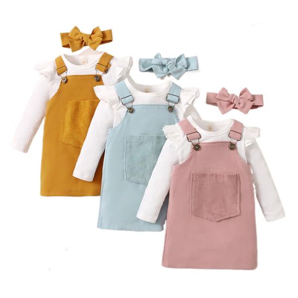 

clothing sets 3pcs kids girls spring autumn tracksuit, solid color ribbed long sleeves t-shirt +overalls dress with pocket+ hairband, 1-5yea, White