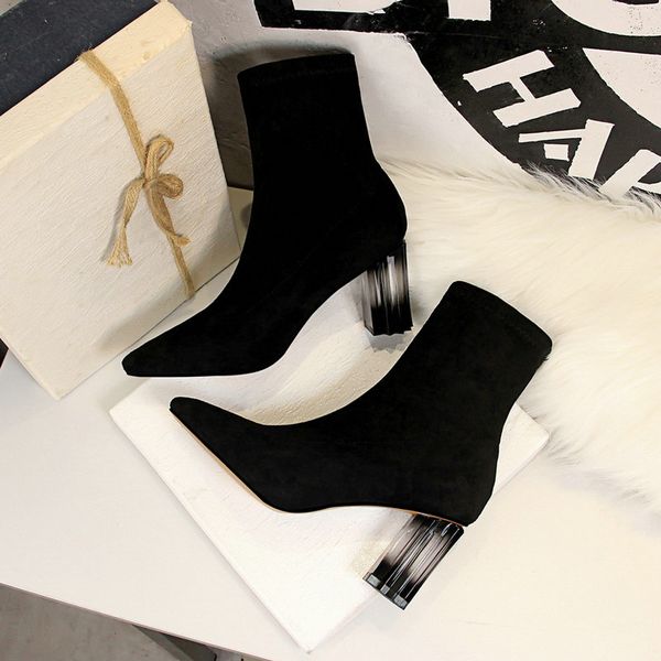 

boots length flock women fashion pointed toe high heel winter ankle boots ladies shoes 1718-3, Black