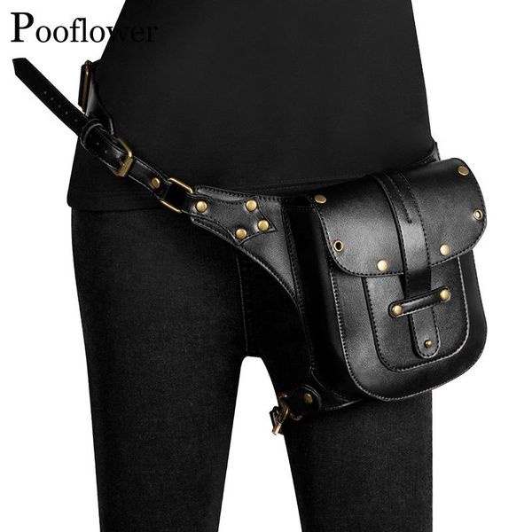 

pooflower vintage belt bags punk pu leather black tactics men waist bag moto chest crossbody women funny pack zh074