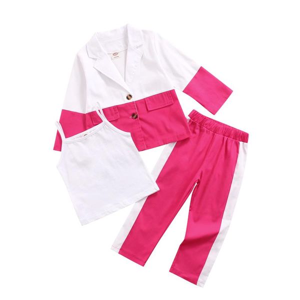 

clothing sets 3pcs toddler kids color block outfits girls single-breasted tailored collar long sleeve suit jacket + camisole pants for 2-7y, White