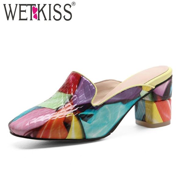 

slippers summer high heels women fashion printing ladies mules shoes square toe slides 2021 leather footwear, Black