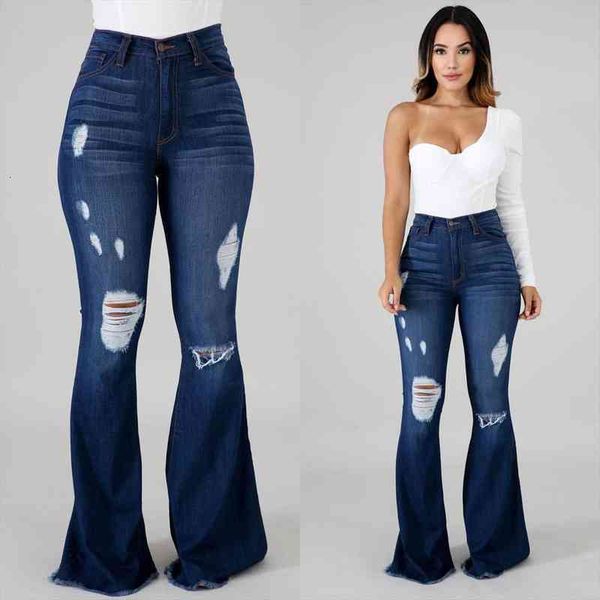 

denim high waist stretch slim womens jeans wide leg flare pants pantalones de mujer hole trousers, Blue
