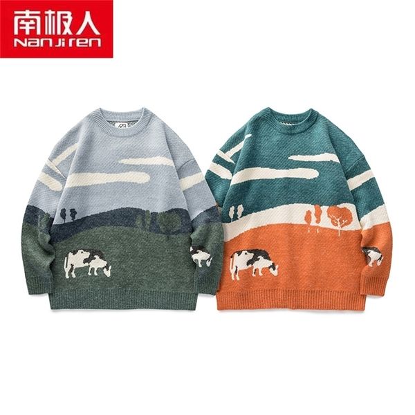 

nanjiren men clothing men pullovers warm daily casual o-neck animal print long sleeves cotton thin sweater 210813, White;black