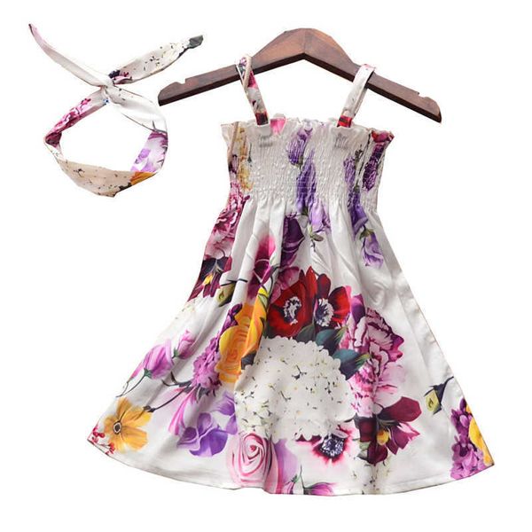 Verão branco flor impresso vestido para bebê menina criança festa boutique mangas vestido para menina floral dressaband vestido menina q0716