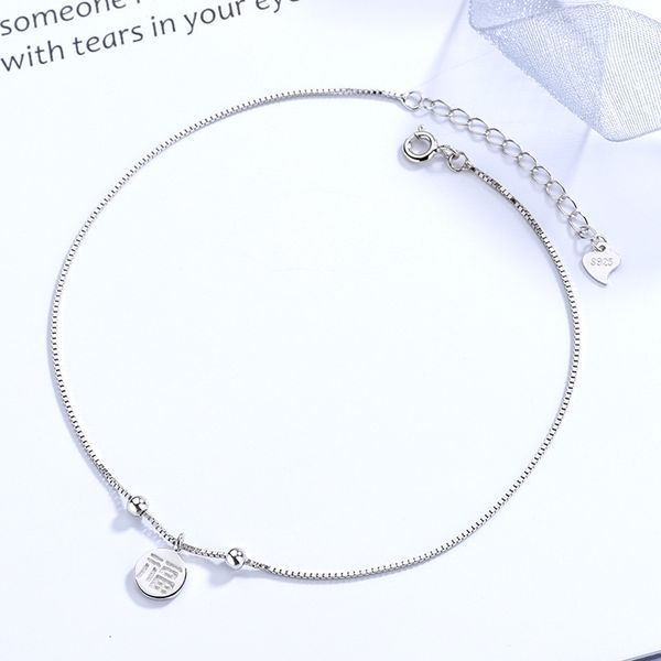 

s925 silver skirt fan-shaped foot chain fashion fu character foot decoration simple temperament korean student personality fresh accessories, Red;blue