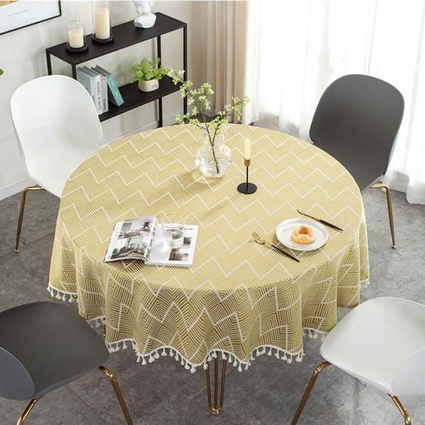 

table cloth nordic style round tablecloth home party yellow geometric striped thicken cotton linen fringed hem for el wedding