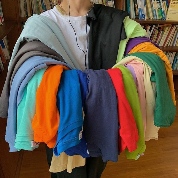 

women short sleeve t-shirts solid colorful simple sweet girls female tees loose korean basic casual stylish hip-hop daily women's t-sh, White
