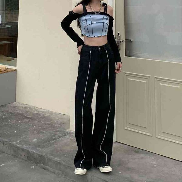 

bright line high waist straight womens jeans plus size loose wide leg pants black denim mopping trousers s 4xl, Blue