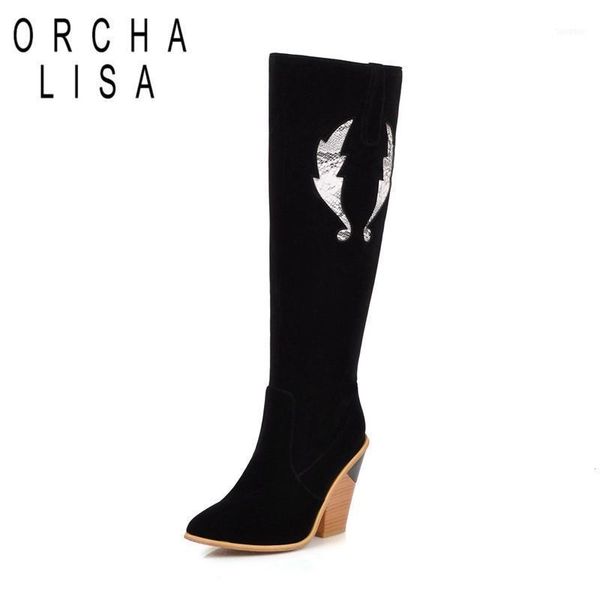 

boots orcha lisa 2021 knee high women pointed toe zipper flock western cowboy style strange heels botas mujer size 33-4611, Black