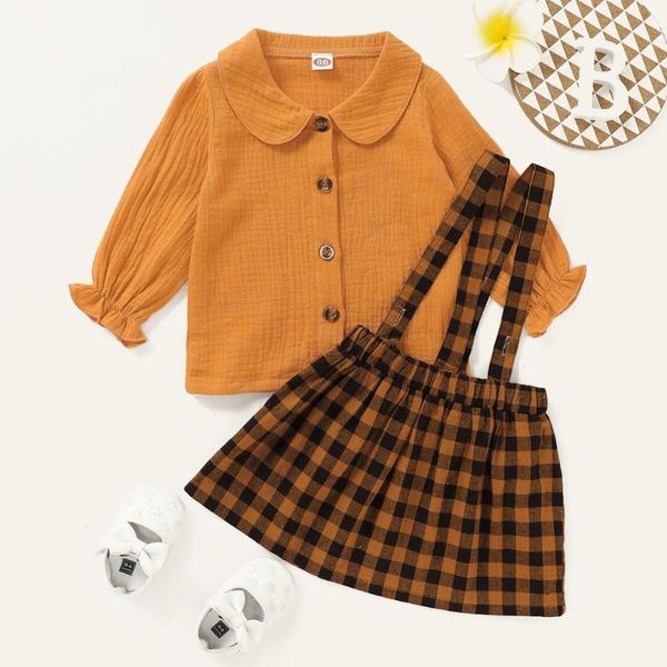 

clothing sets baby girl winter clothes set solid orange long sleeve shirt plaid suspender skirt dress toddler girls outfits, White