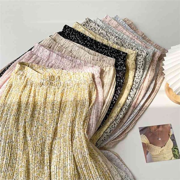 

ladies spring summer plus size long skirt for women large floral print flower chiffon pleated skirts 210529, Black
