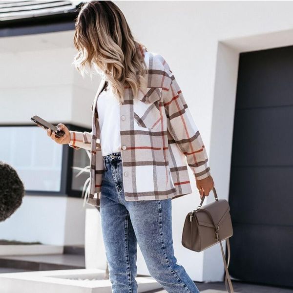

women's jackets fashion plaid shirt coat for women woolen loose long sleeve turn-down ladies autumn winter warm slim casual streetwear, Black;brown