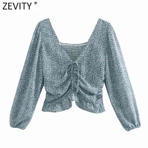 

women sweet v neck floral print pleats short smock blouse femme puff sleeve hem ruffles slim shirt roupa chic ls9102 210416, White