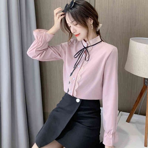 

sweaters spring autumn simple office lady blouse female shirt flare sleeve casual korean lace-up bow blouses women, White;black
