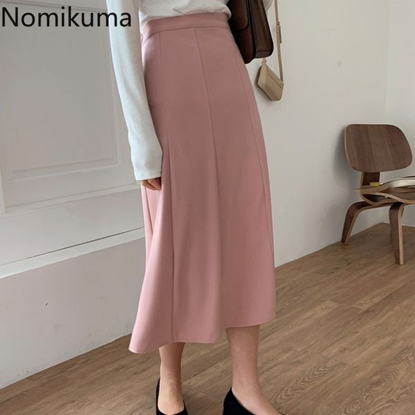 

nomikuma korean elegant a line pink skirt women solid color fashion high waist skirts female all-match faldas mujer 3c749 210514, Black