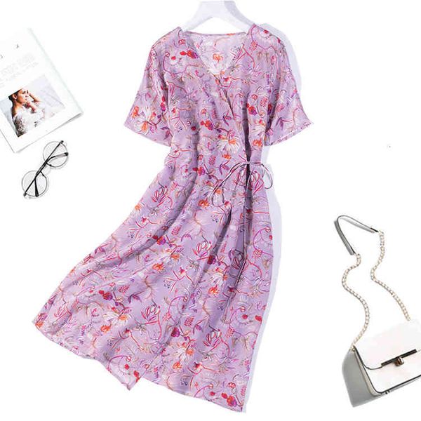 

dress women's 100% pure silk cap sleeve two layers purple floral long wrap dress  l xl jn409, Black;gray