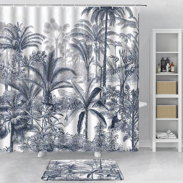 

shower curtains 2pcs tropical forest plants curtain green leaves natural landscape bathroom decor bathtub and non-slip bath mats