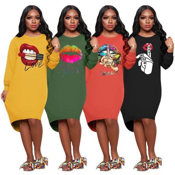 

casual dresses letter lip print women autumn winter female o-neck long sleeve medi length skirt club streetwear fashion lady kxe3, Black;gray