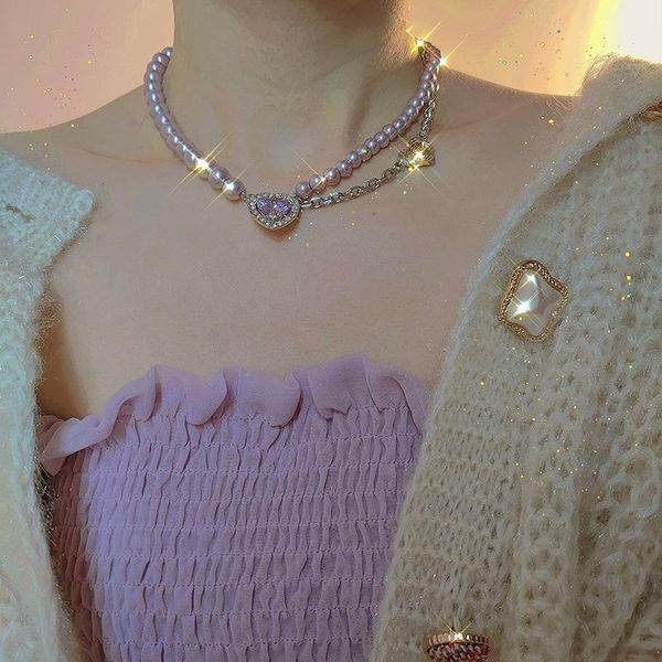

chokers fashion purple heart love forever pendant necklace for women double layer harajuku pearl chain drop, Golden;silver