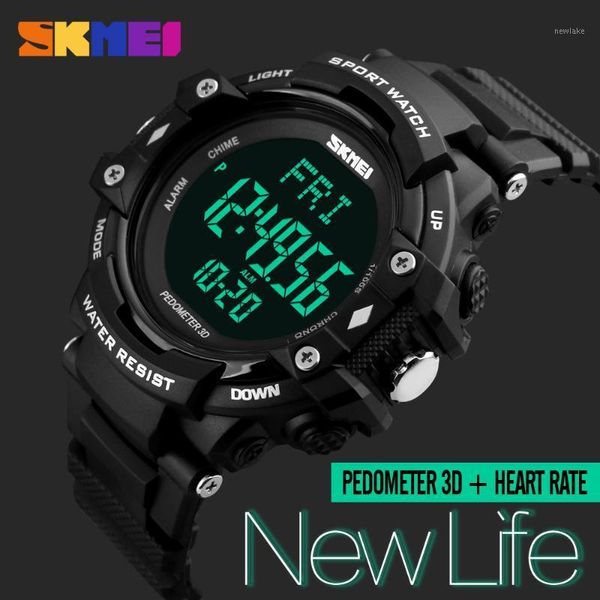

mens sports health watches 3d pedometer heart rate monitor calories counter 50m waterproof digital led wristwatches skmei, Slivery;brown