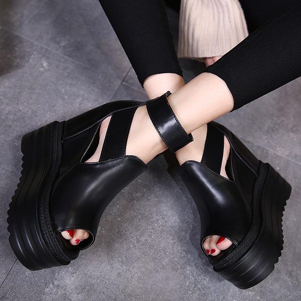 

korean within increase wedges thick-soled platform muffin women's shoes 14 cm super high heel hollow fish mouth sandals, Black
