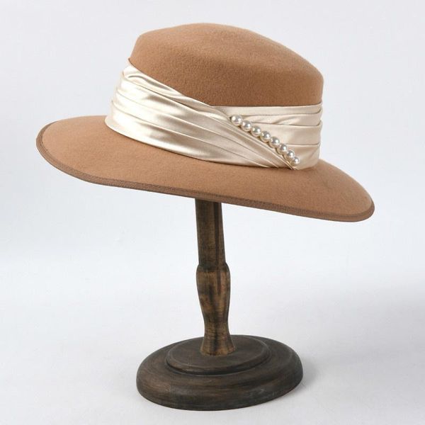 

stingy brim hats 2021 winter women wool fedora hat wide lady faux woolen ladies fedoras jazz ribbon pearl caps bowler felt, Blue;gray