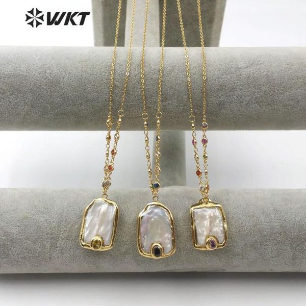 

pendant necklaces wt-mn956 natural freshwater pearl necklace with cubic zirconia chain rectangle gold electroplated, Silver