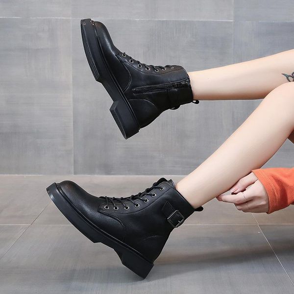 

boots 2021 autumn and winter female british style lace-up side zipper thick-soled motorcycle short shoes, Black