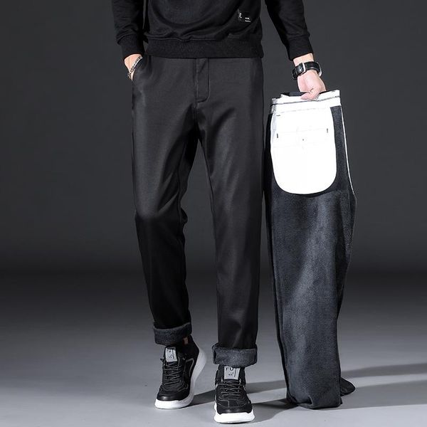 

men's pants winter warm fleece lined regular fit thicken elastic business casual 2021 tencel straight trousers, Black