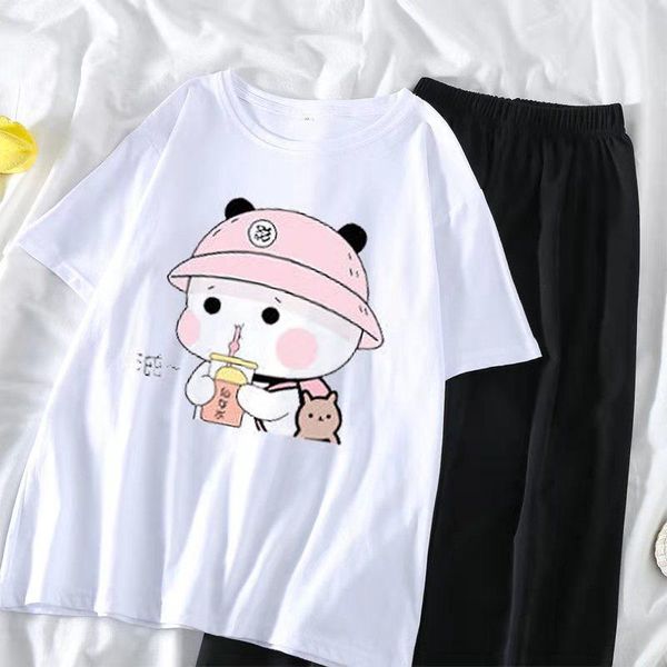 

women's t-shirt 2-piece set fashion t shirt + pant women summer casual tshirts tees korean style graphic female t-shirts woman cothing, White