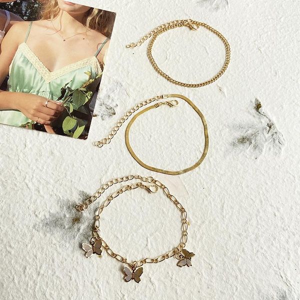 

anklets 3pcs/set gold color simple chain for women beach foot jewelry leg butterfly ankle bracelets accessories, Red;blue