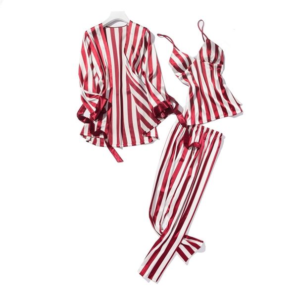 

women's shorts 3 pcs satin striped pajama set woman spring with chest pad nightdress cardigan long pant sleepwea, White;black