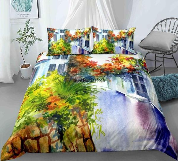 

bedding sets oil painting landscape 2/3pcs duvet cover with pillowcase bed quilt covers home textile single king  bedroom decor