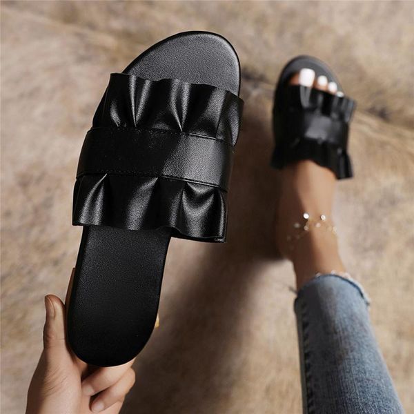 

slippers female casual leisure flat comfort shoes for ladies pleated summer fashion solid color light sandals outdoor, Black