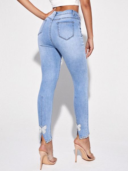 

pearls beaded detail skinny jeans k48z#, Blue