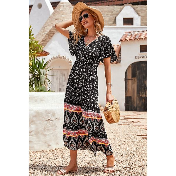 

2021 summer new women's fashion dress printed v-neck short sleeve dress, Black;gray